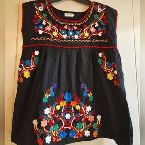 YZXDORWJ Boho Floral Embroidered Black Top - Size XL